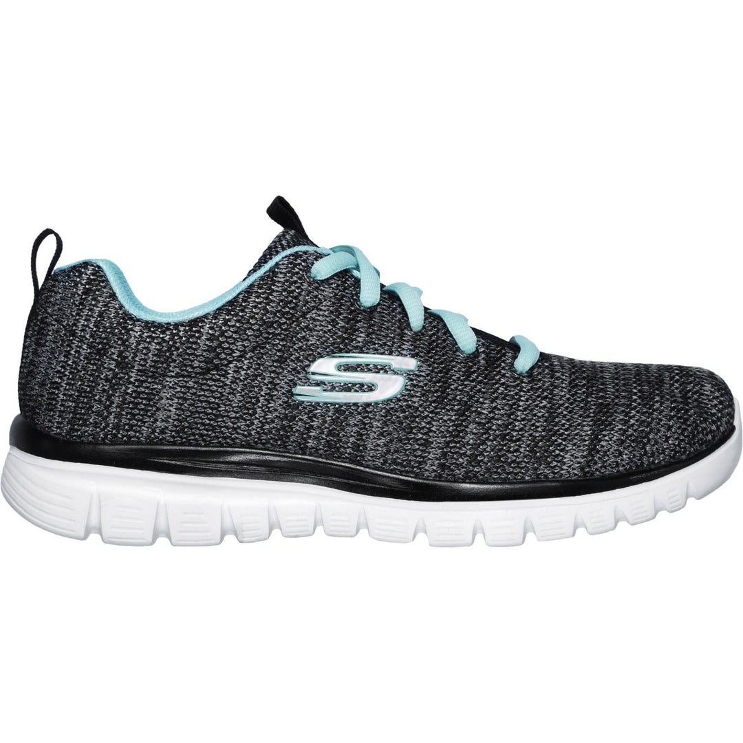 Women's Wide Fit Skechers 12614 Graceful Twisted Fortune Sneakers - Black/Turquoise