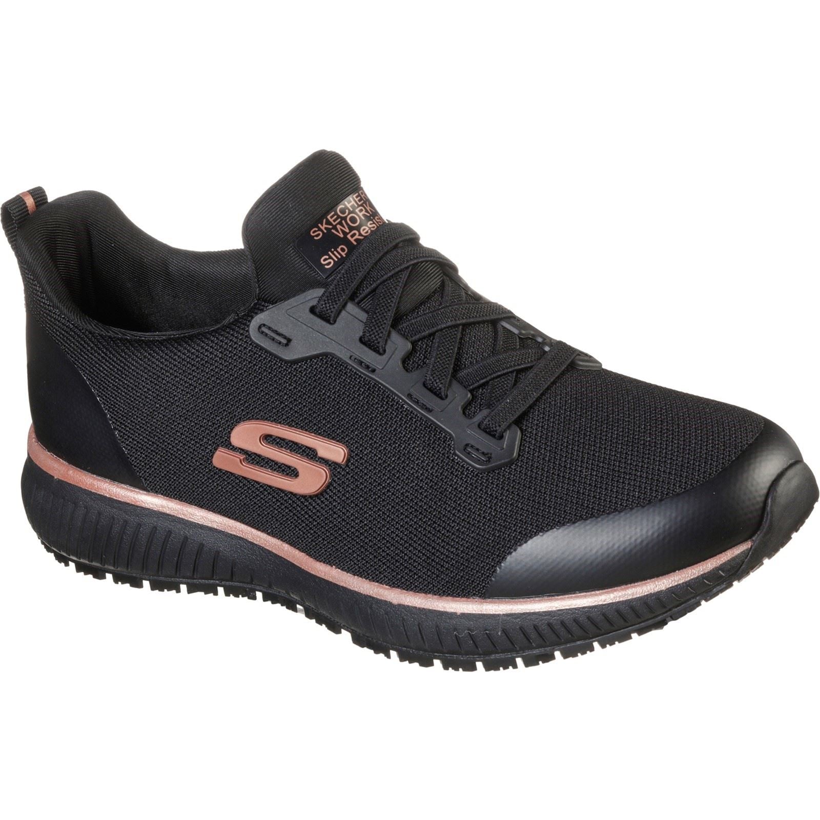 Women s Wide Fit Skechers 77222EC Squad SR Occupational Sneakers Black Rose Gold Skechers Wide Fit Shoes Wide Fit Shoes US