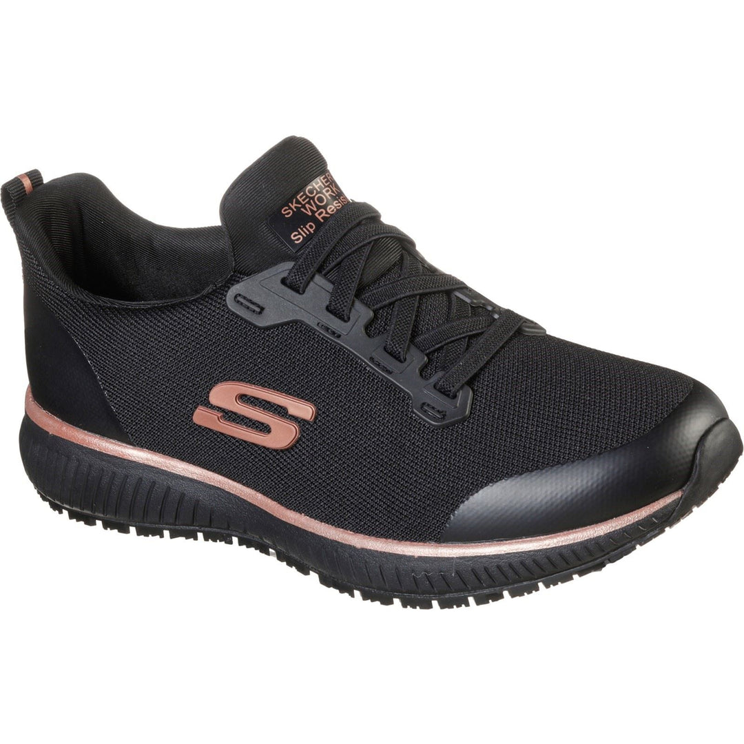 Women's Wide Fit Skechers 77222EC Squad SR Occupational Sneakers - Black/Rose Gold